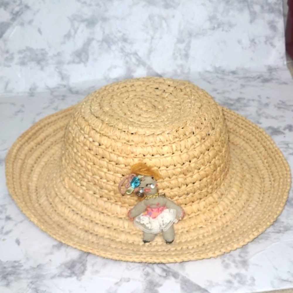 Kaminsky Raffia Straw Sun Beach Hat Vintage w Folk Art Hat Pin Australian